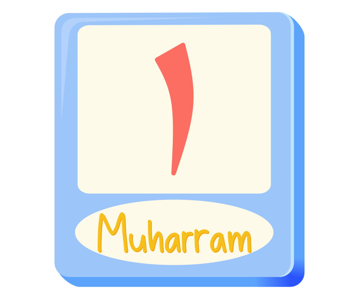 Blue calendar icon with red 1 and yellow text Muharram png