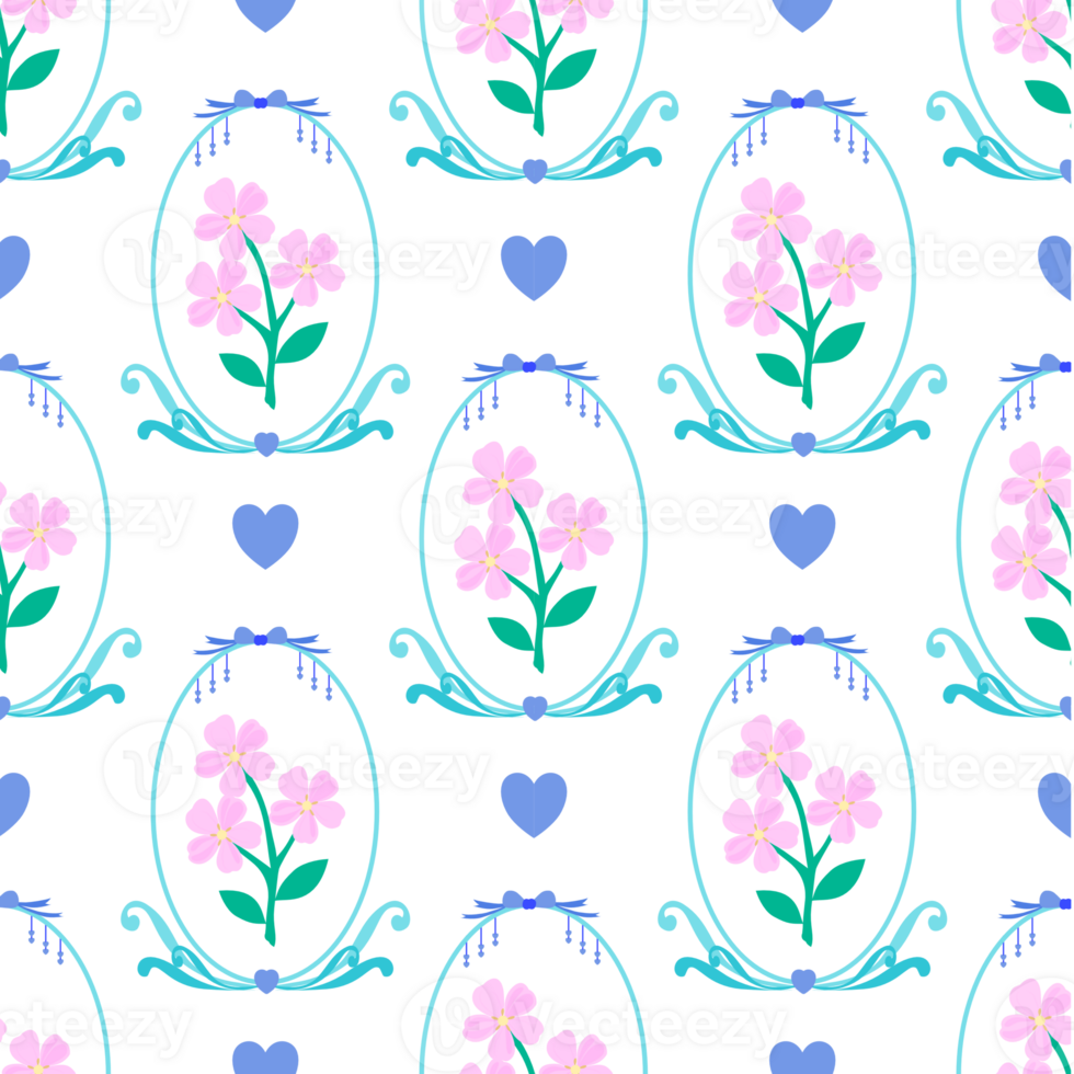 Seamless pattern of luxurious and beautiful floral motifs in a ribbon arch with hearts png