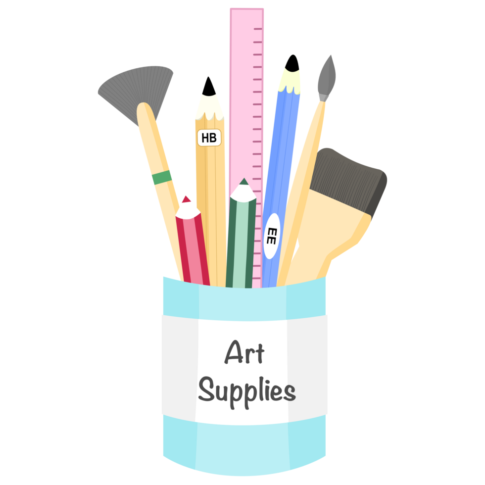 A cylinder holds art supplies including pencils, rulers, paintbrushes, and colors png