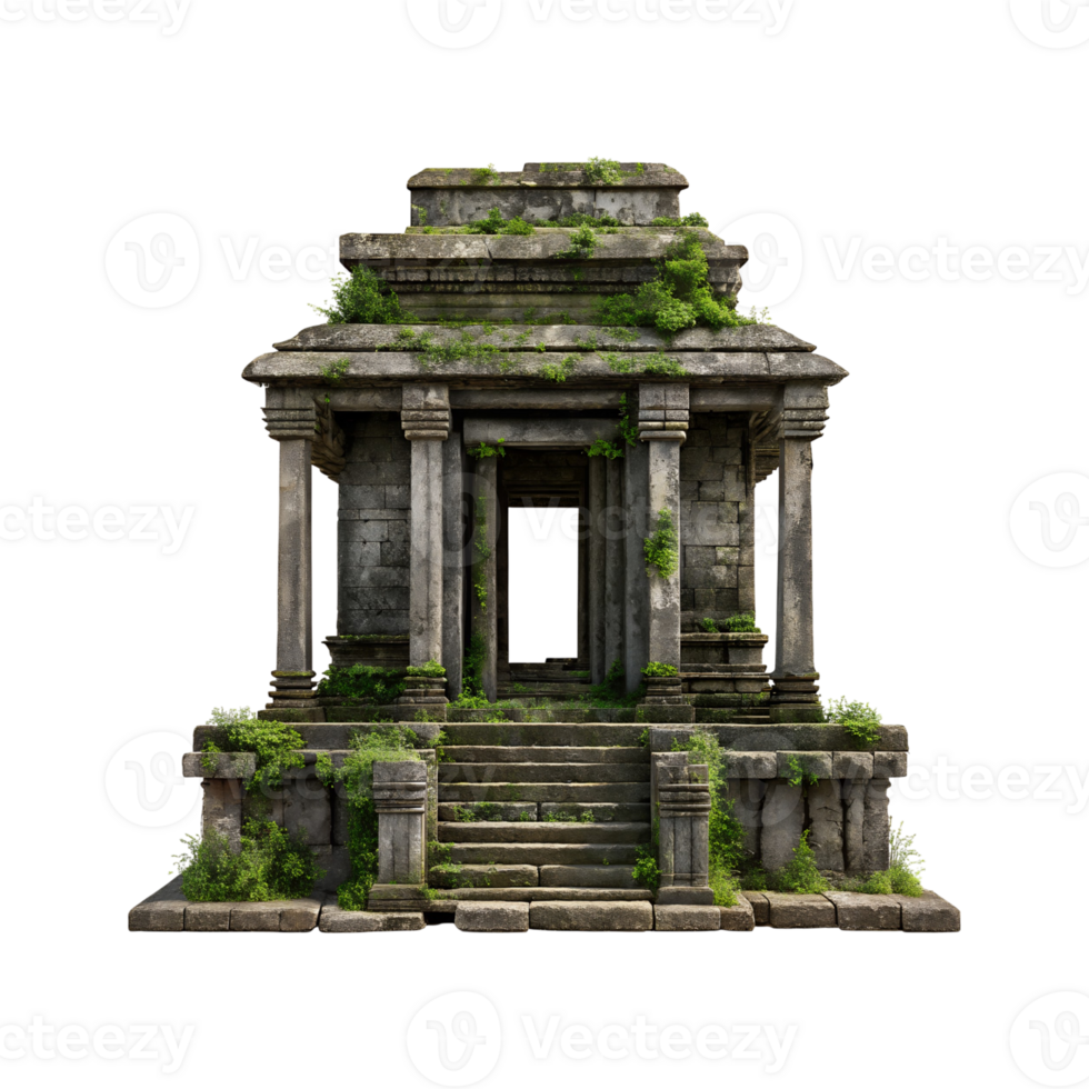 Overgrown Ancient Stone Temple Ruins with Steps and Pillars png