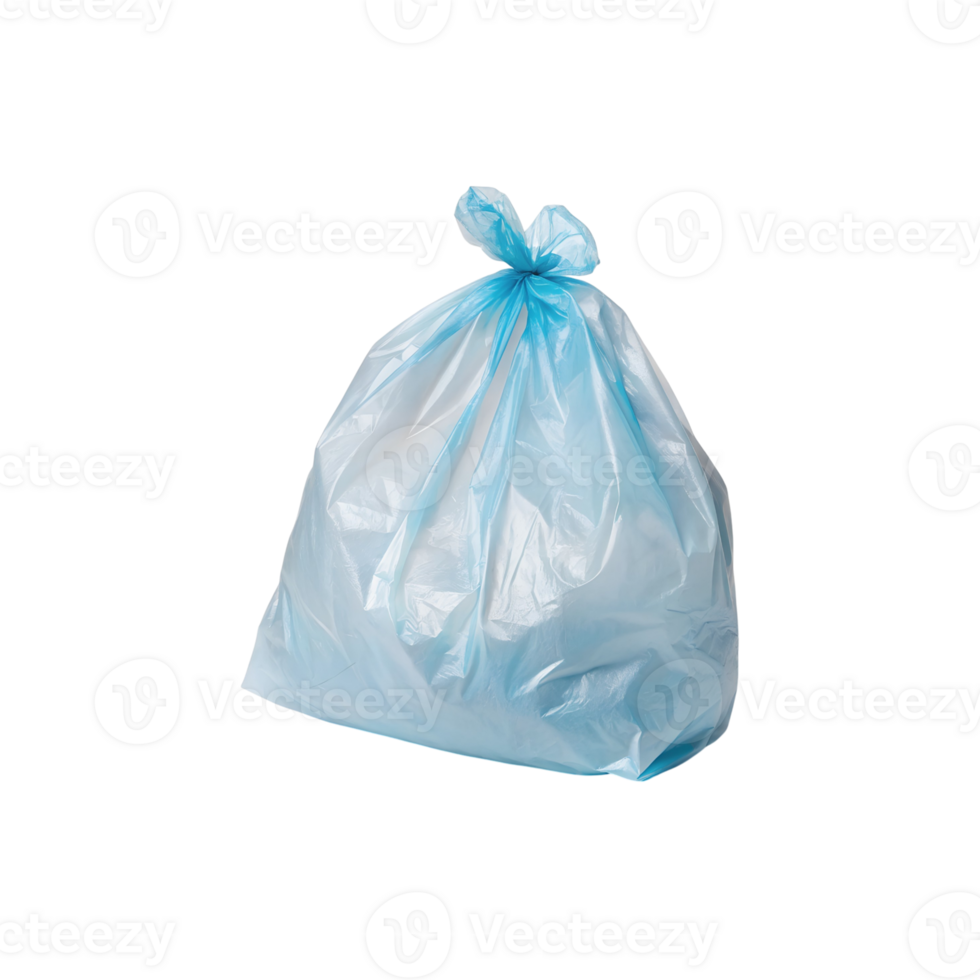 A light blue plastic garbage bag isolated on grey background a tied trash bag studio shot png