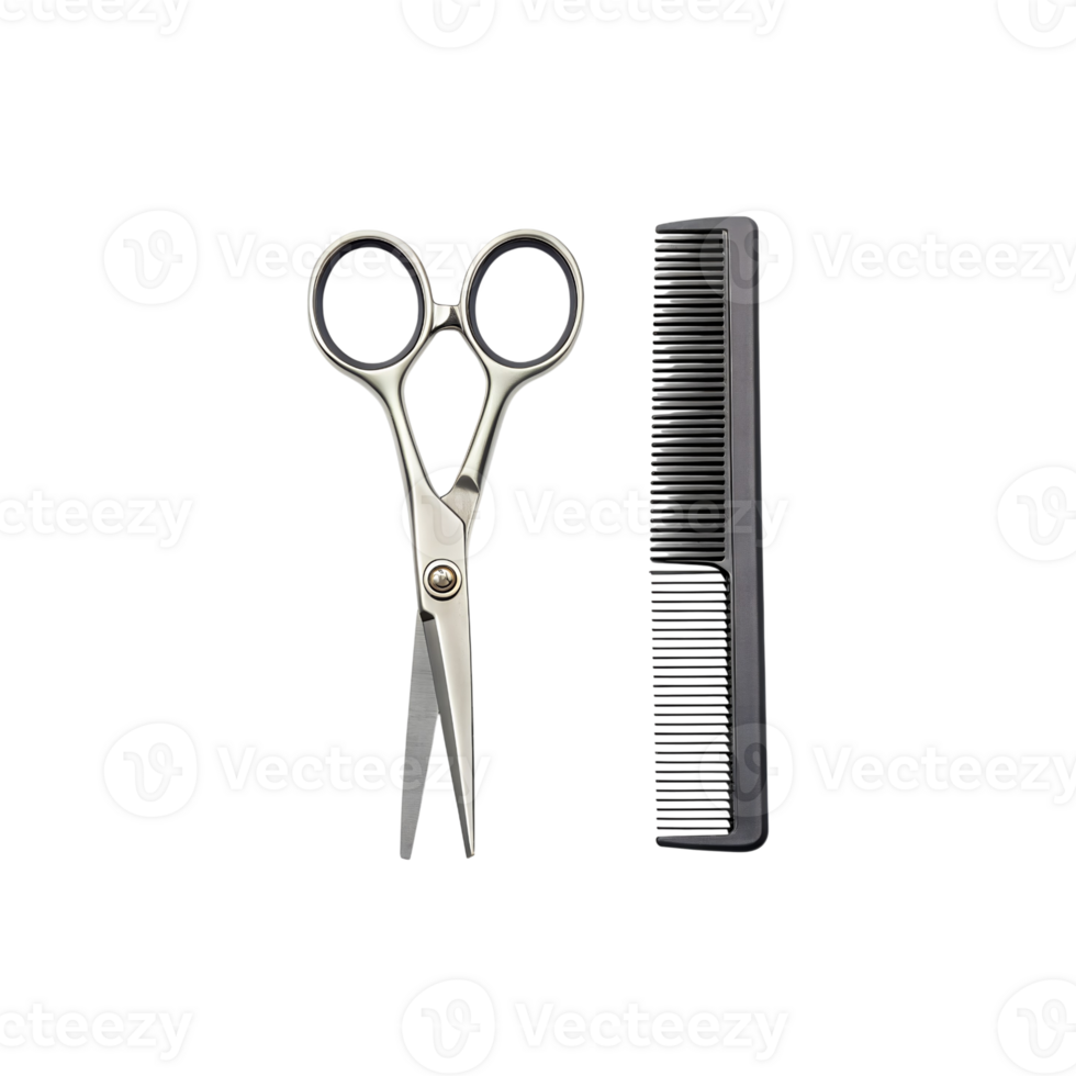Hairdressing tools scissors and comb on grey background professional hair stylist equipment barber shop salon accessories beauty care styling products hair cutting shears and comb png