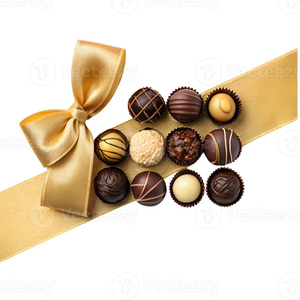 Assorted Gourmet Chocolate Truffles with a Gold Ribbon Bow png