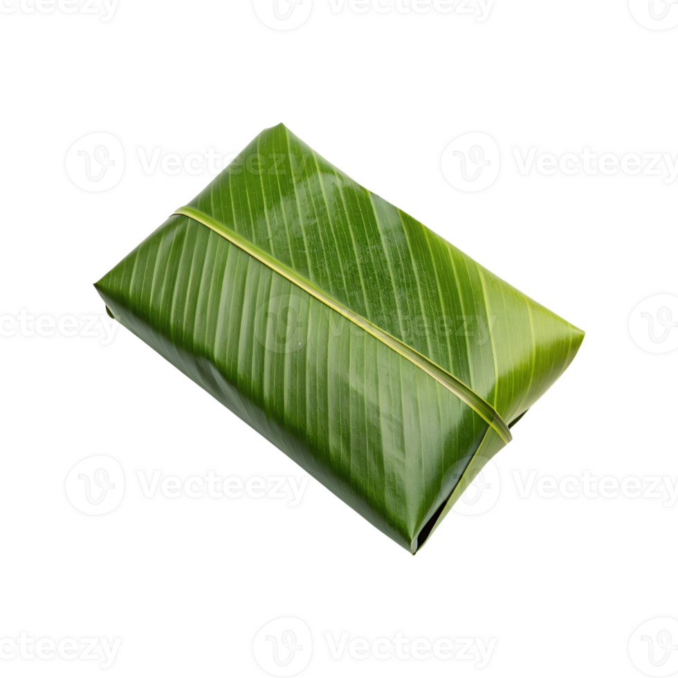 A single serving of food wrapped in a fresh green banana leaf, isolated on a gray background, showcasing natural packaging and healthy eating png