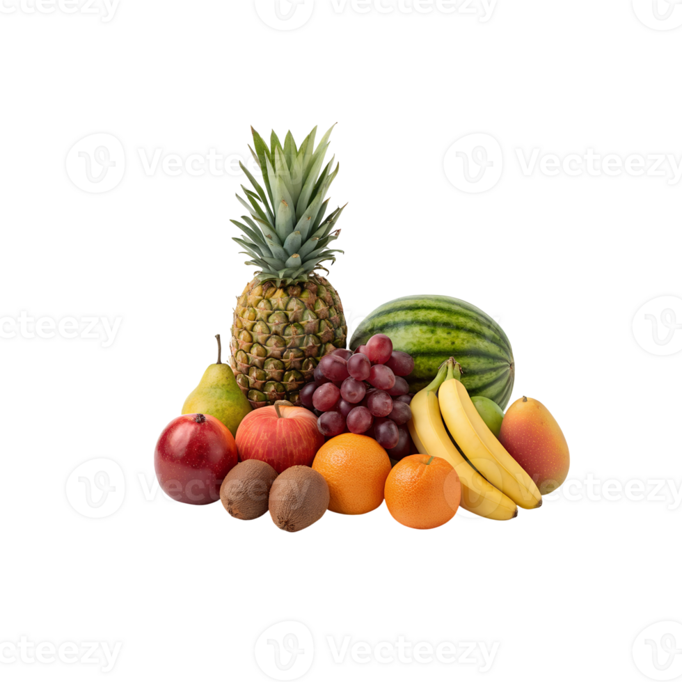 A vibrant collection of fresh fruits including pineapple watermelon bananas apples pears grapes kiwi and oranges png