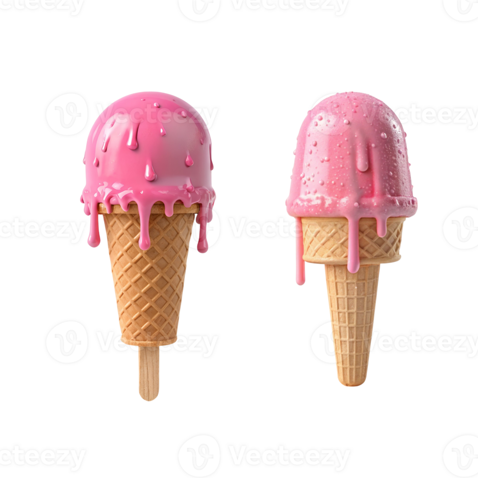 Two Pink Ice Cream Cones with Melting Strawberry Ice Cream Dripping Down png