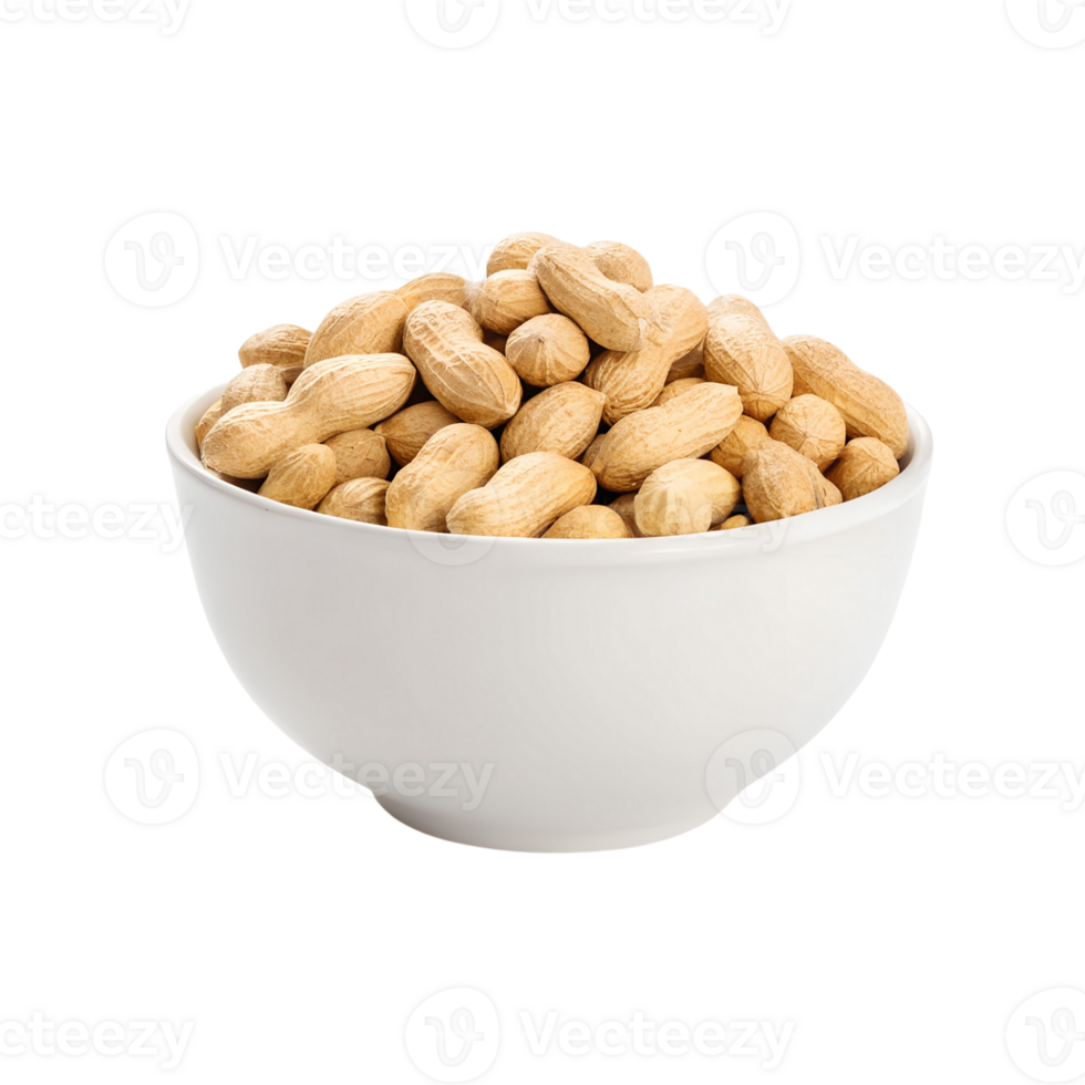 A white bowl filled with a pile of roasted peanuts in shells png