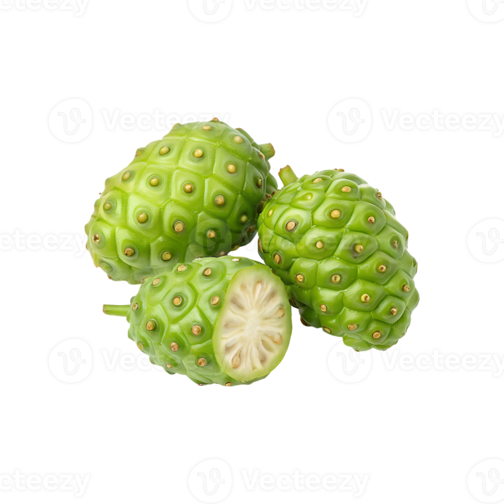 Closeup of Three Green Noni Fruits One Cut in Half Showing the Inside png
