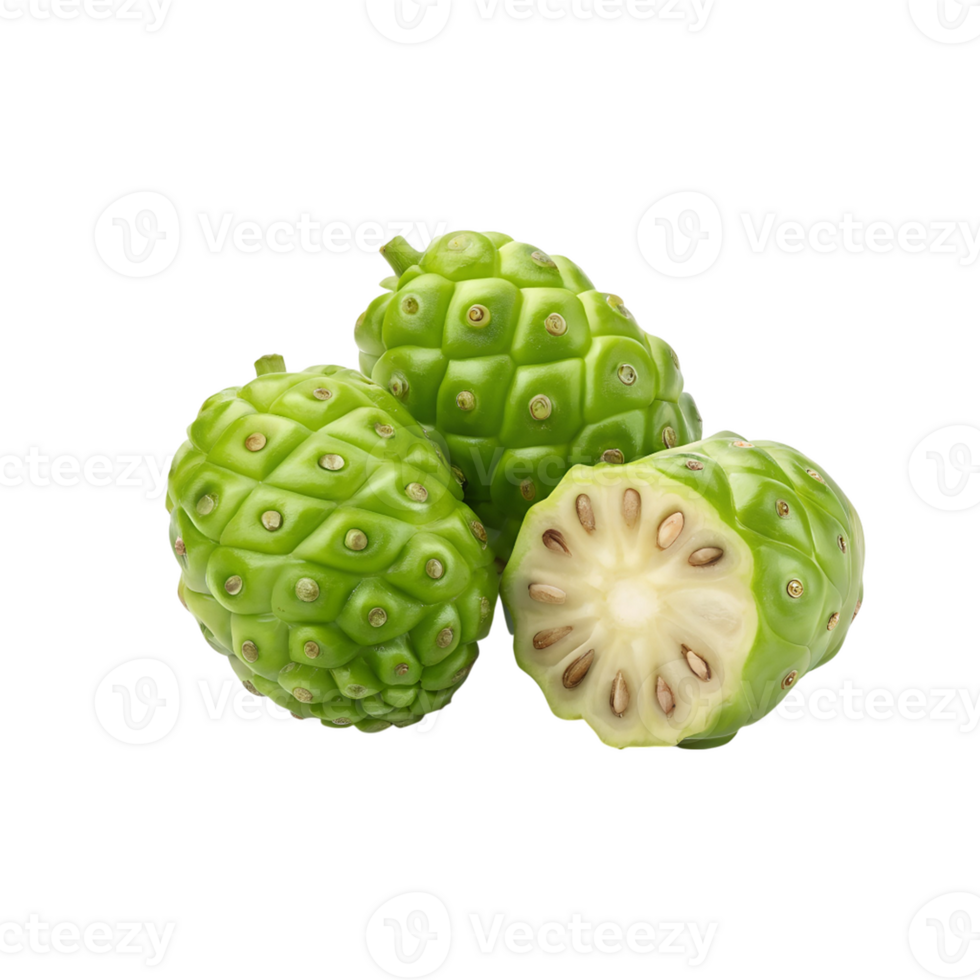 Closeup of three Noni fruits one sliced showing seeds revealing its unique texture and vibrant green color a tropical fruit known for its health benefits png