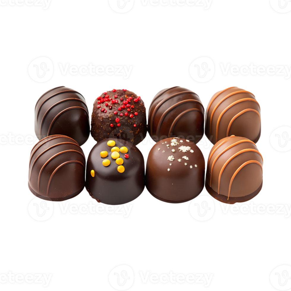 An assortment of eight gourmet chocolate truffles with various toppings png