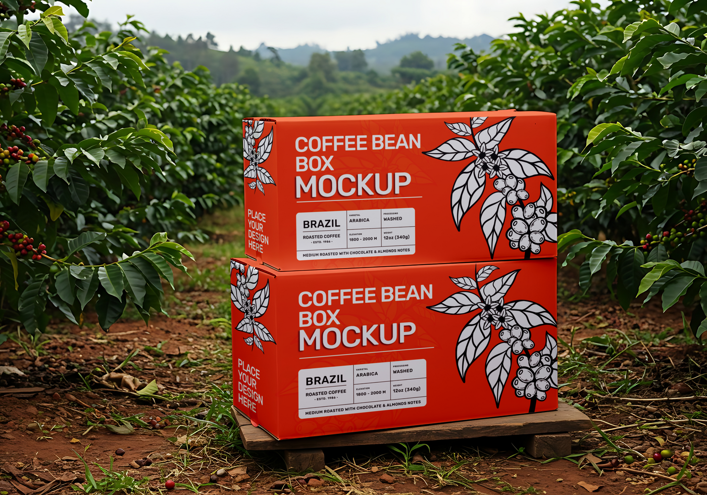 Coffee Bean Box Mockup in a Coffee Plantation Setting psd