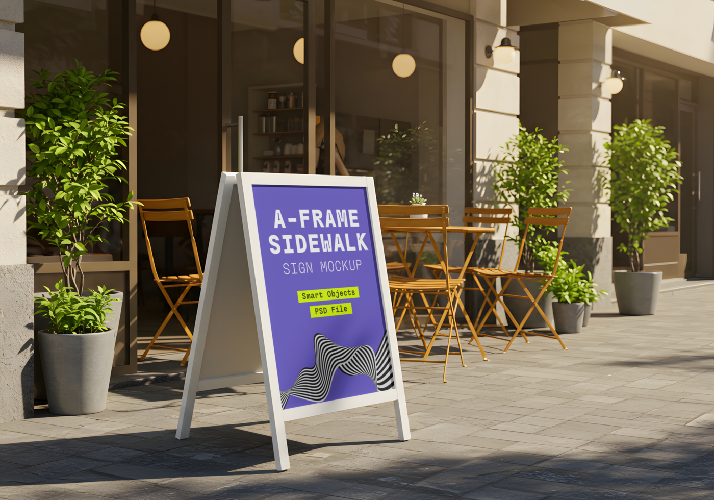 Outdoor A-Frame Sidewalk Sign Mockup in Front of Cafe with Chairs and Plants psd