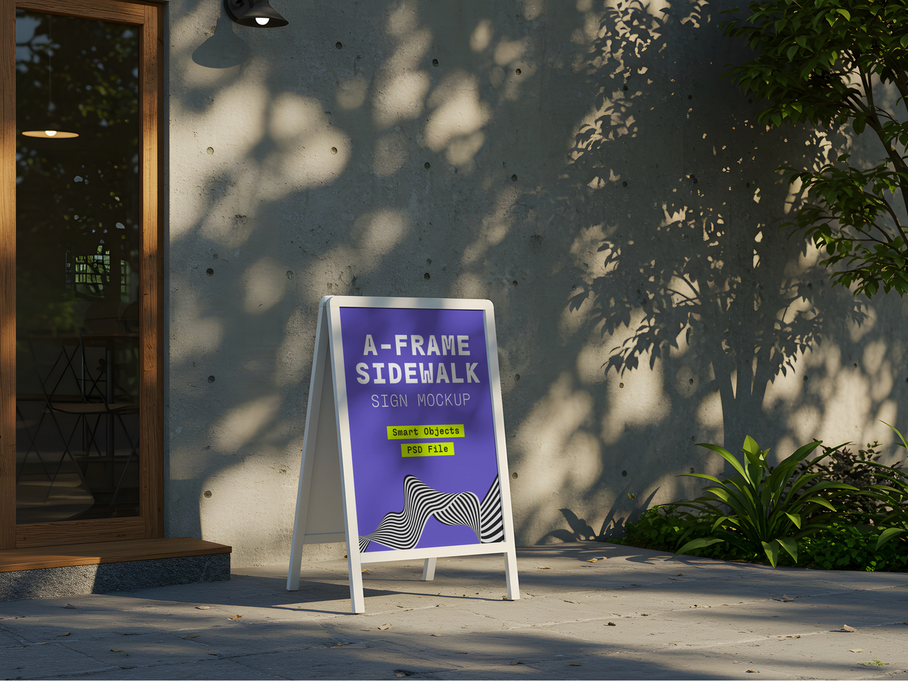 Outdoor A-Frame Sidewalk Sign Mockup with Tree Shadows on Concrete Wall psd