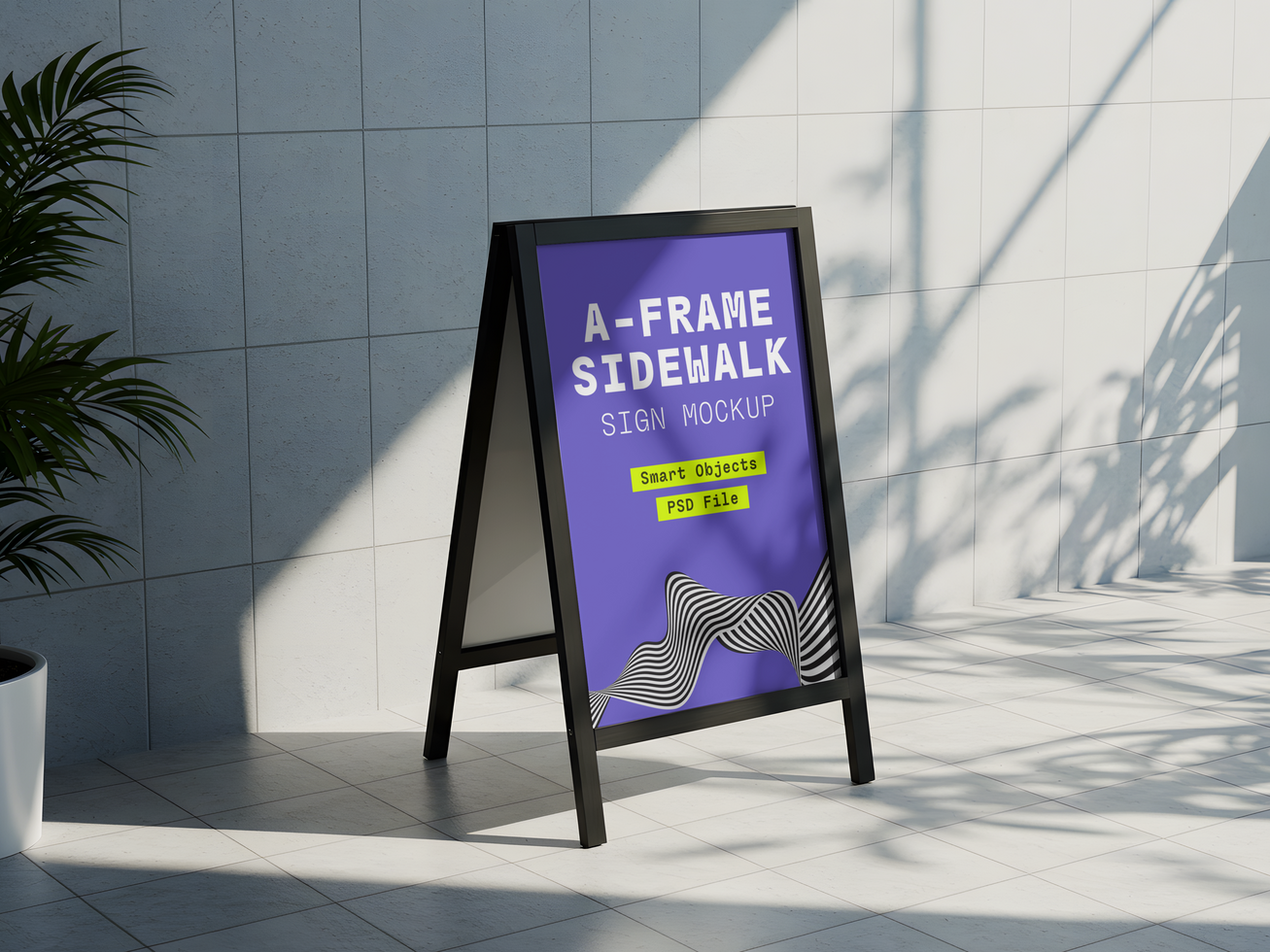 Minimalist A-Frame Sidewalk Sign Mockup in Bright Indoor Space with Shadows psd