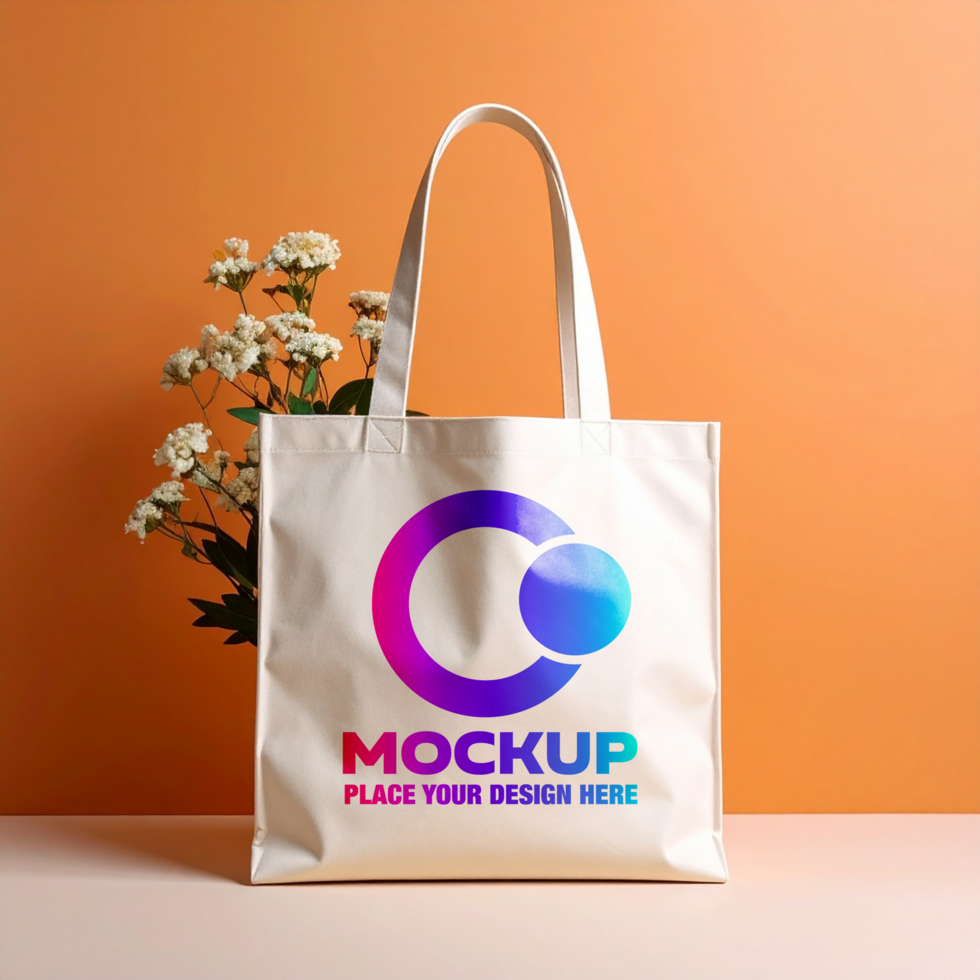 White Tote Bag Mockup with Floral Accent psd