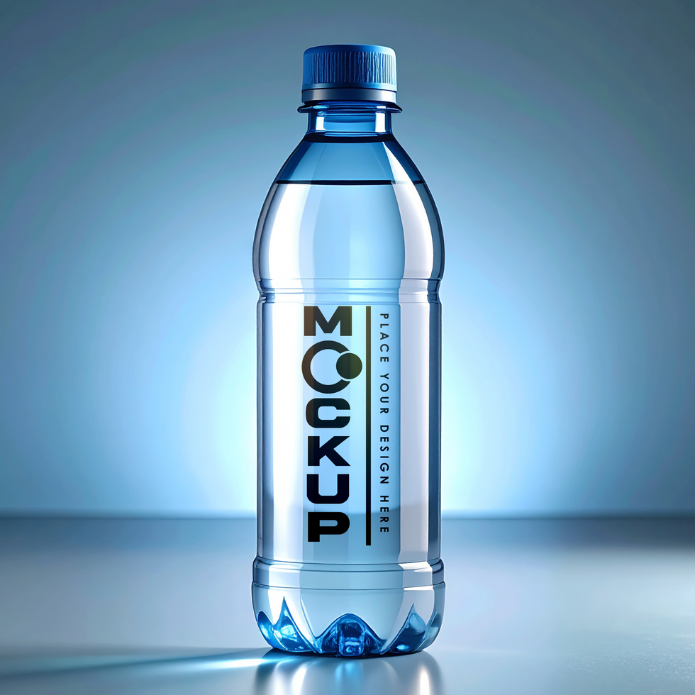 Water Bottle Mockup Clear Plastic Bottle on Blue Background psd