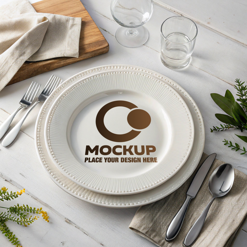 Elegant Dinner Plate Mockup Design Preview on White Table Setting psd