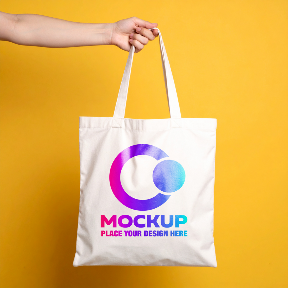 A Hand Holding a White Tote Bag Against a Yellow Background psd