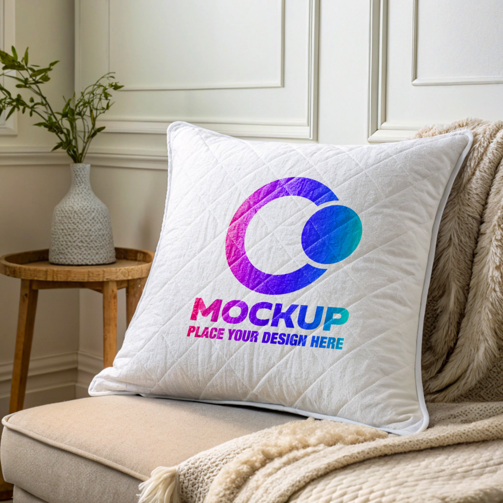 White Quilted Pillow Mockup Design Template on Beige Sofa psd