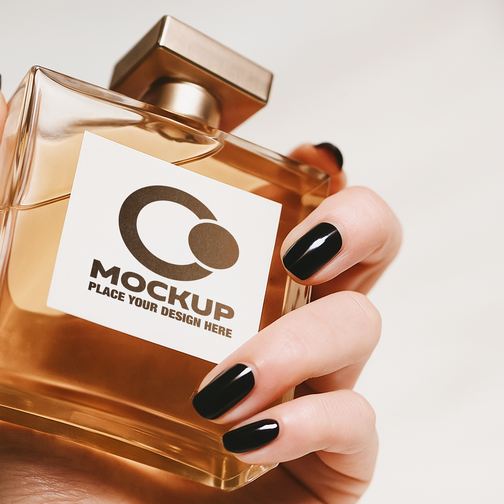 Elegant Perfume Bottle Mockup A Hand Holding a Golden Perfume Bottle with a Customizable Label psd