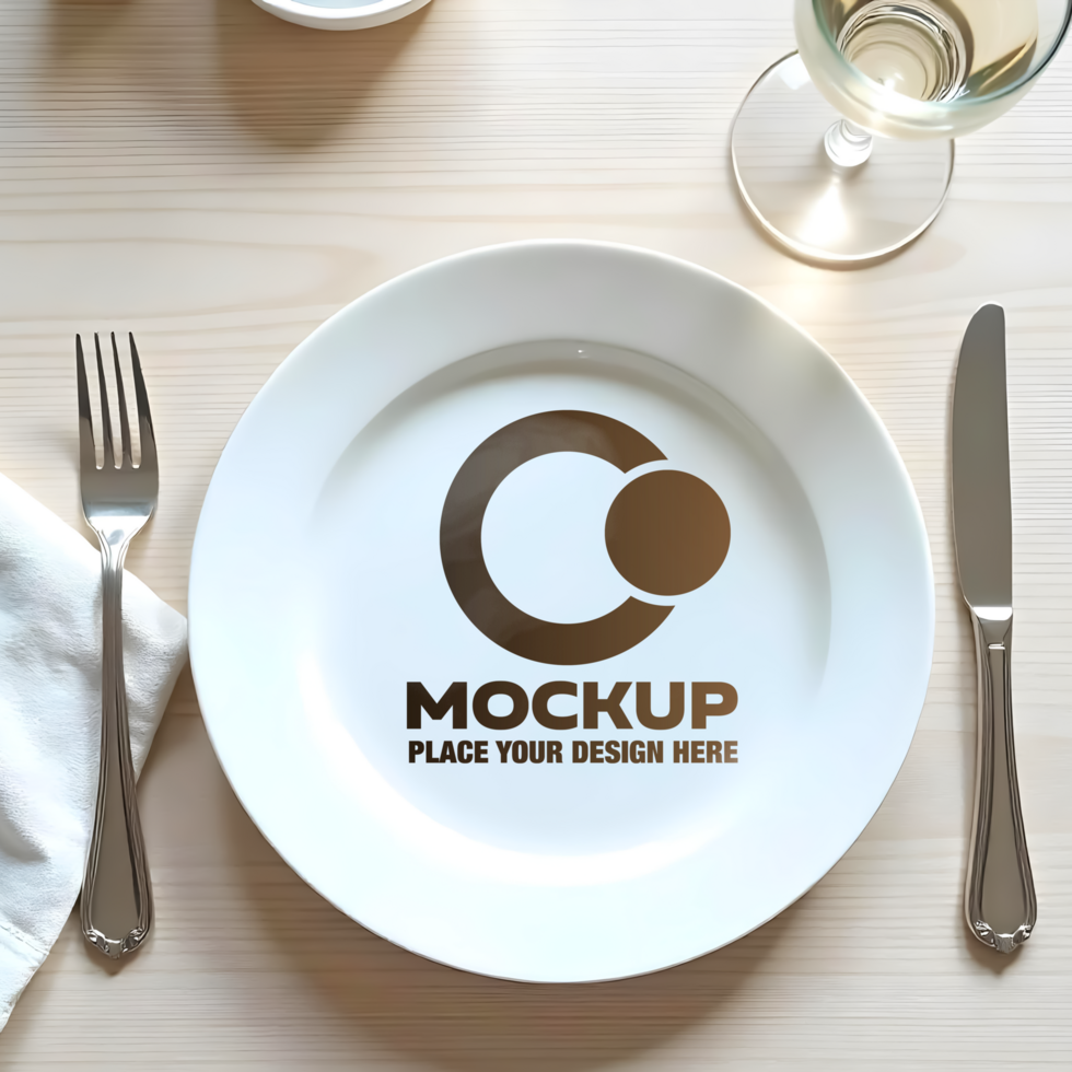 Elegant Plate Mockup Design Presentation on Wooden Table Setting psd