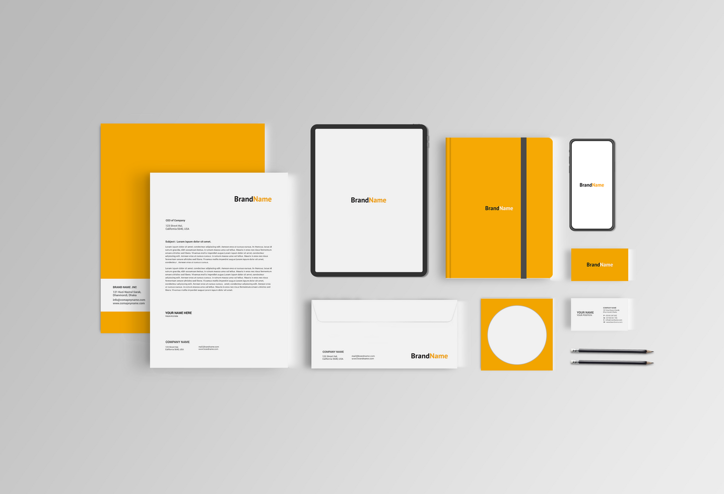 Yellow Folder and White Letterhead Stationary Mockup Template With Phone and Tab psd