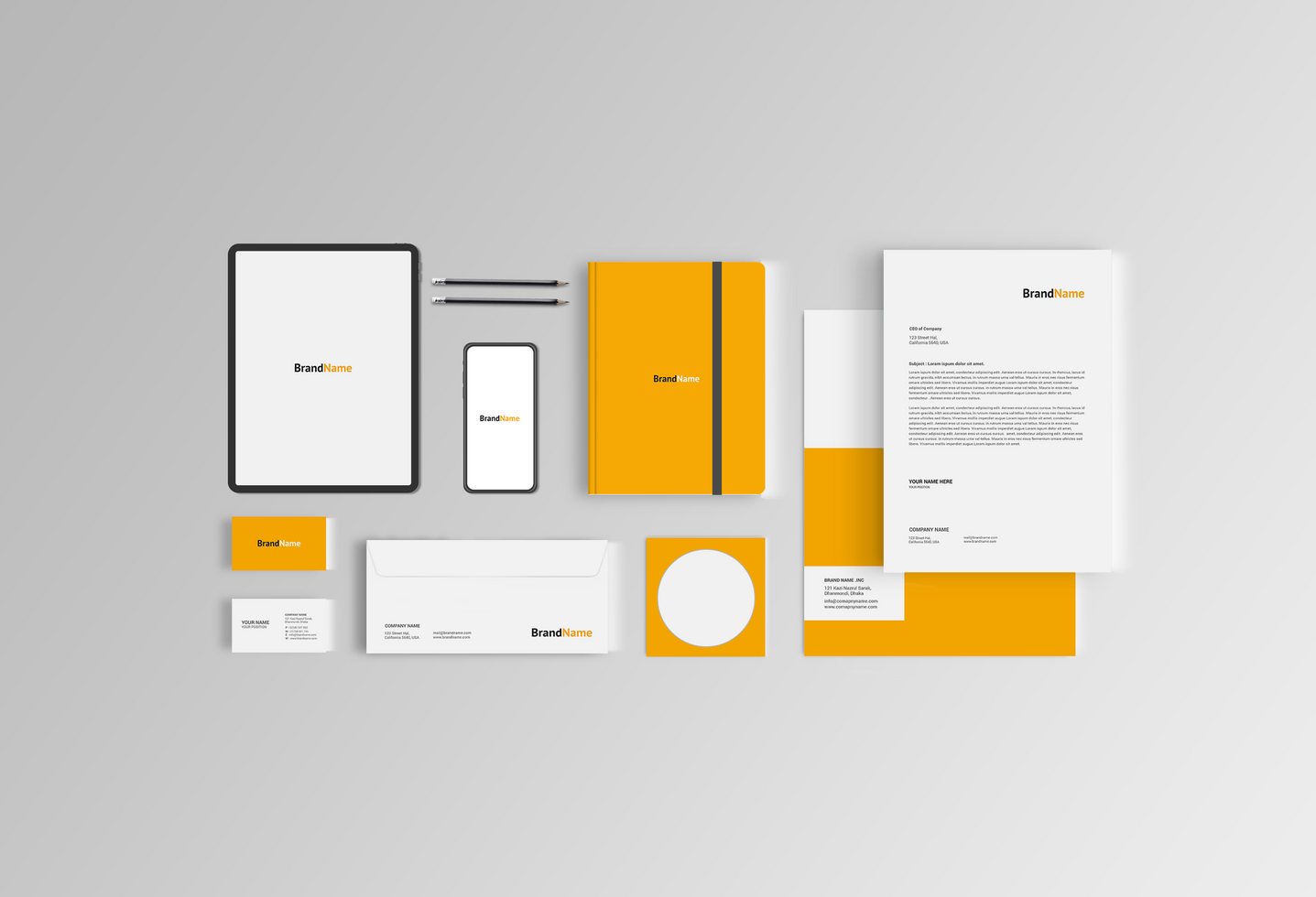 Yellow Notebook and CD Stationary Mockup Template With Phone and Tab psd