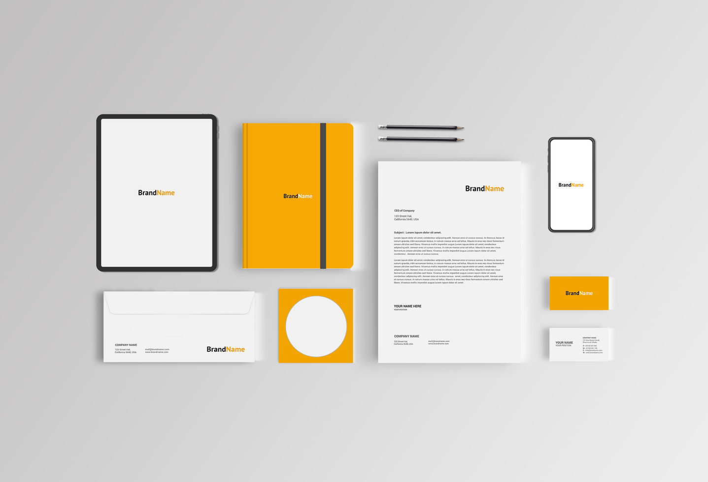 Yellow Notebook Stationary Mockup Template With Phone and Tab psd