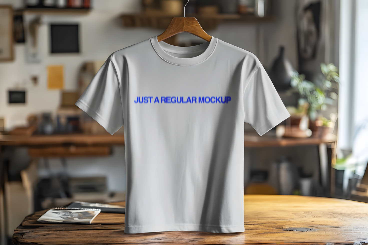 T-Shirt Mockup on a Hanger in a Workshop psd