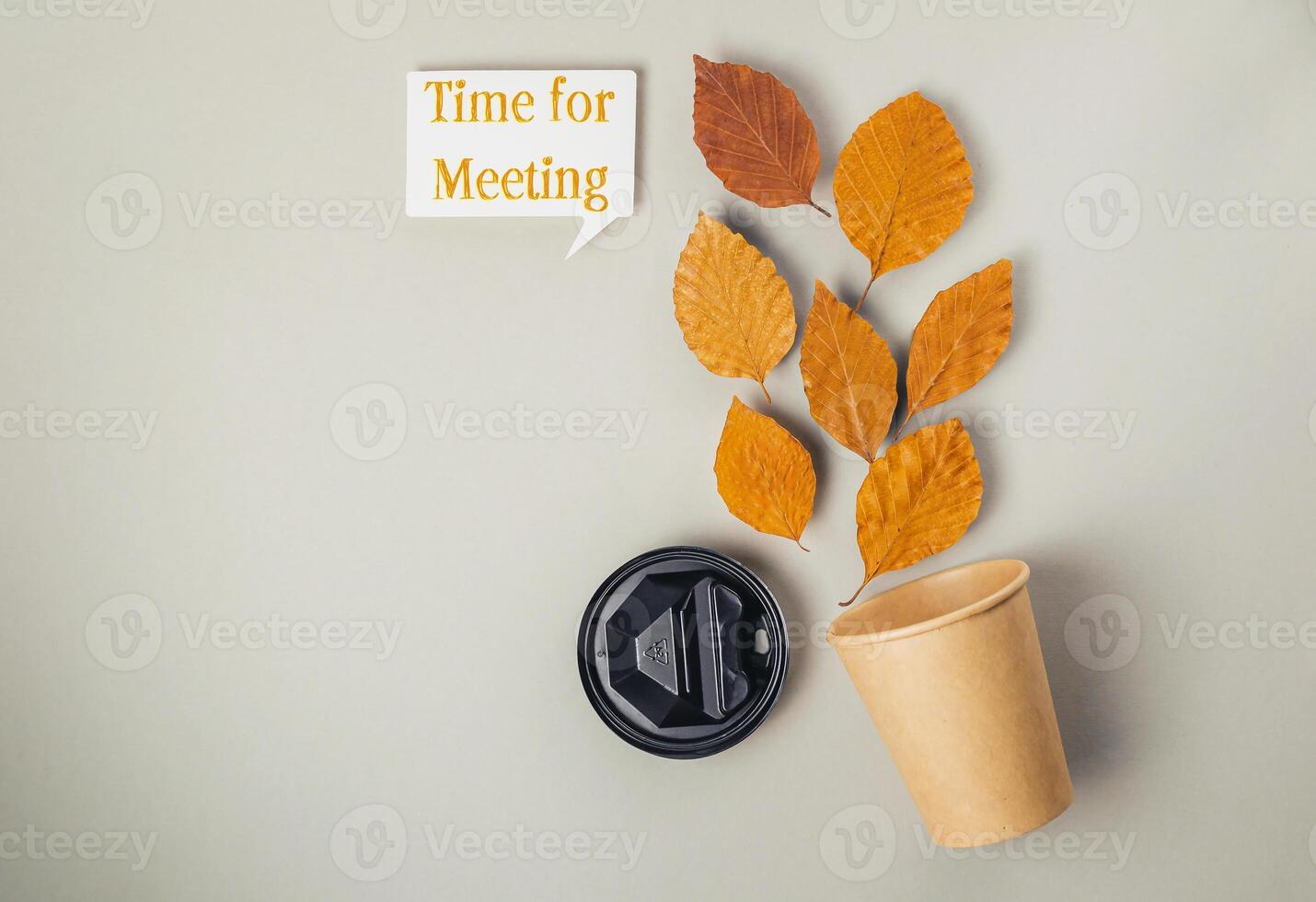 Coffee cup with a leaf on it and the words Time for Meeting written above it photo