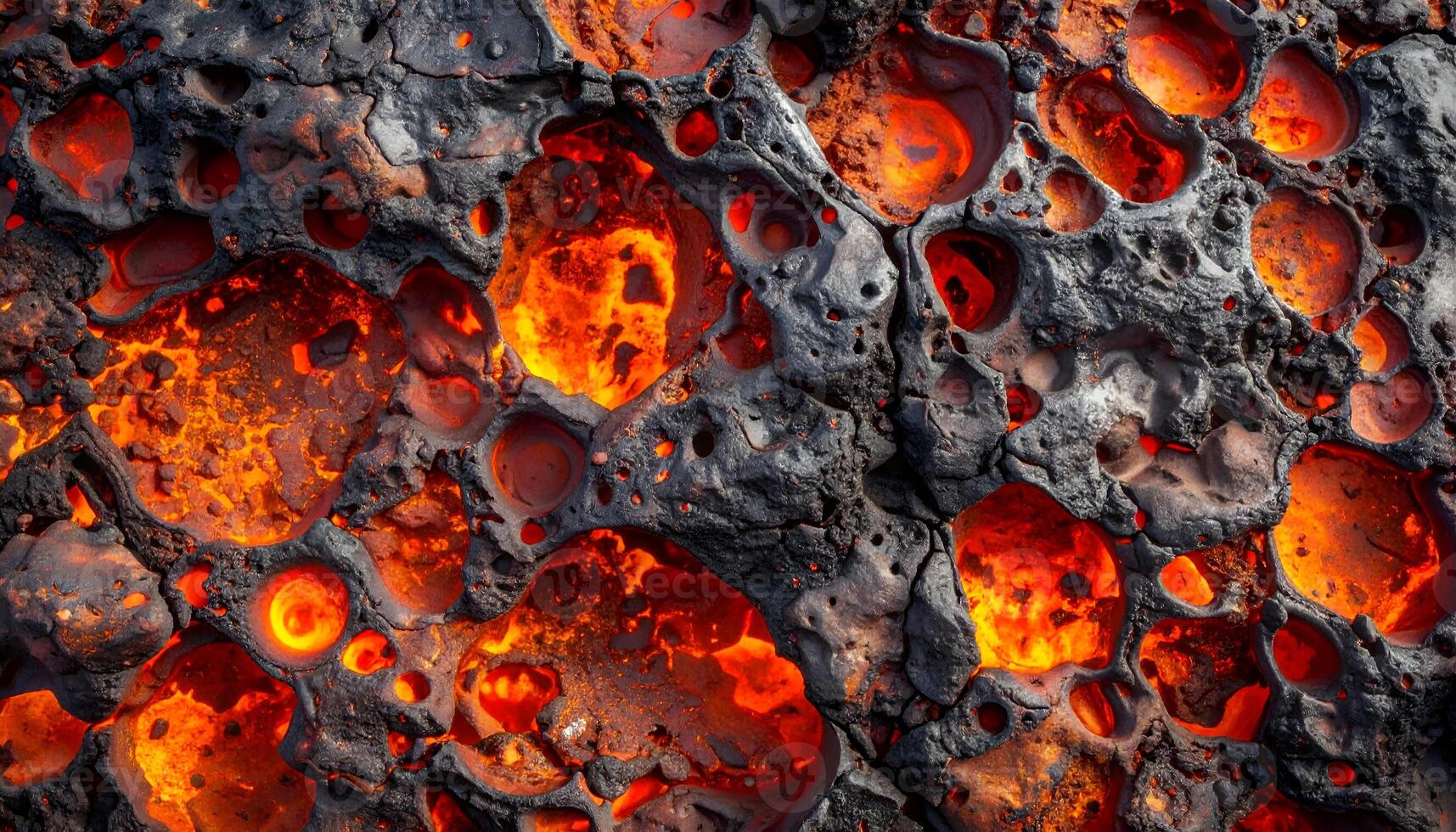 porous lava rock surface with glowing magma pockets and burned crust texture from volcanic eruption, top view geology detail photo