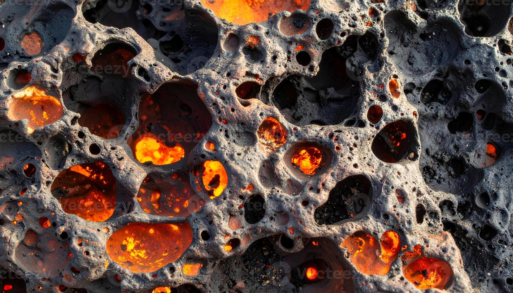 porous lava rock with glowing red magma holes and volcanic crust texture, extreme geothermal surface from active eruption zone, top view photo