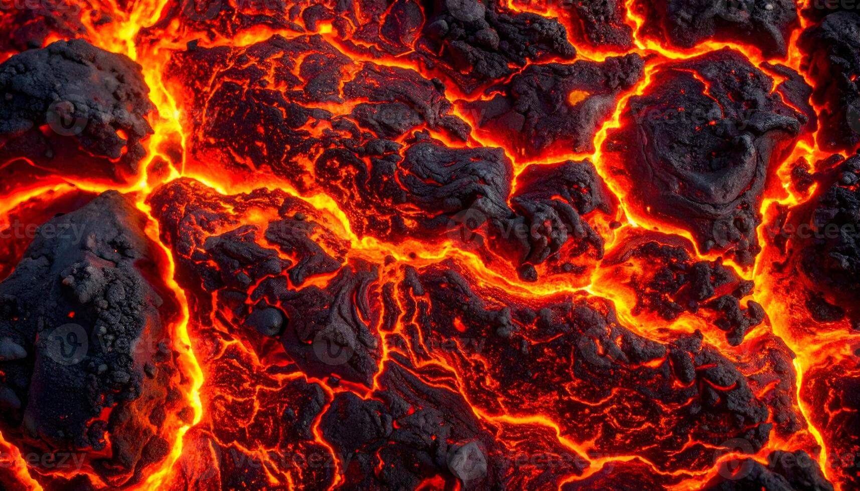 glowing hot lava flow with cracked molten rock texture and intense heat pattern from volcanic eruption, top view of natural magma stream photo