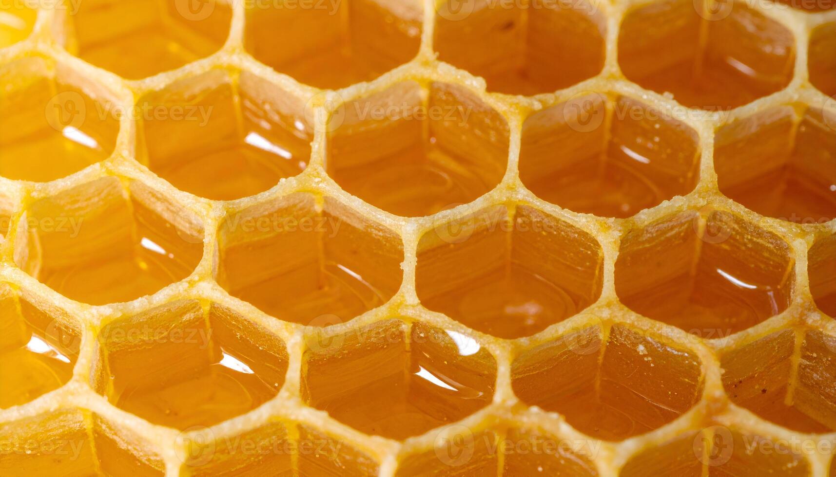 macro close-up of golden honey in wax honeycomb cells, filled hexagonal pattern texture from natural beehive, sweet organic food background photo