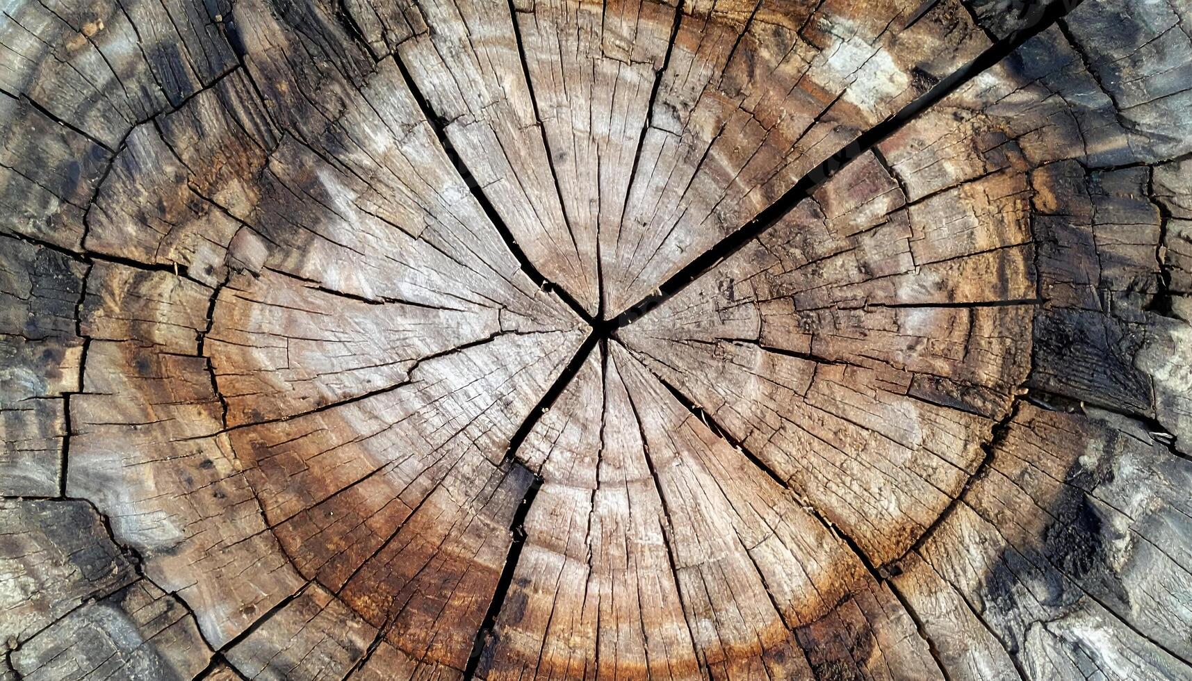 top view of cracked tree stump with detailed natural wood rings and weathered dry texture, rustic concentric wood pattern for nature or aging concept background photo