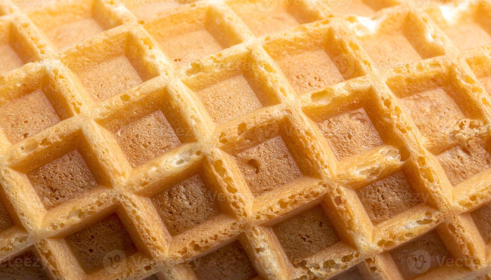 macro close-up of waffle cone surface with crispy golden grid pattern for dessert background or ice cream design photo