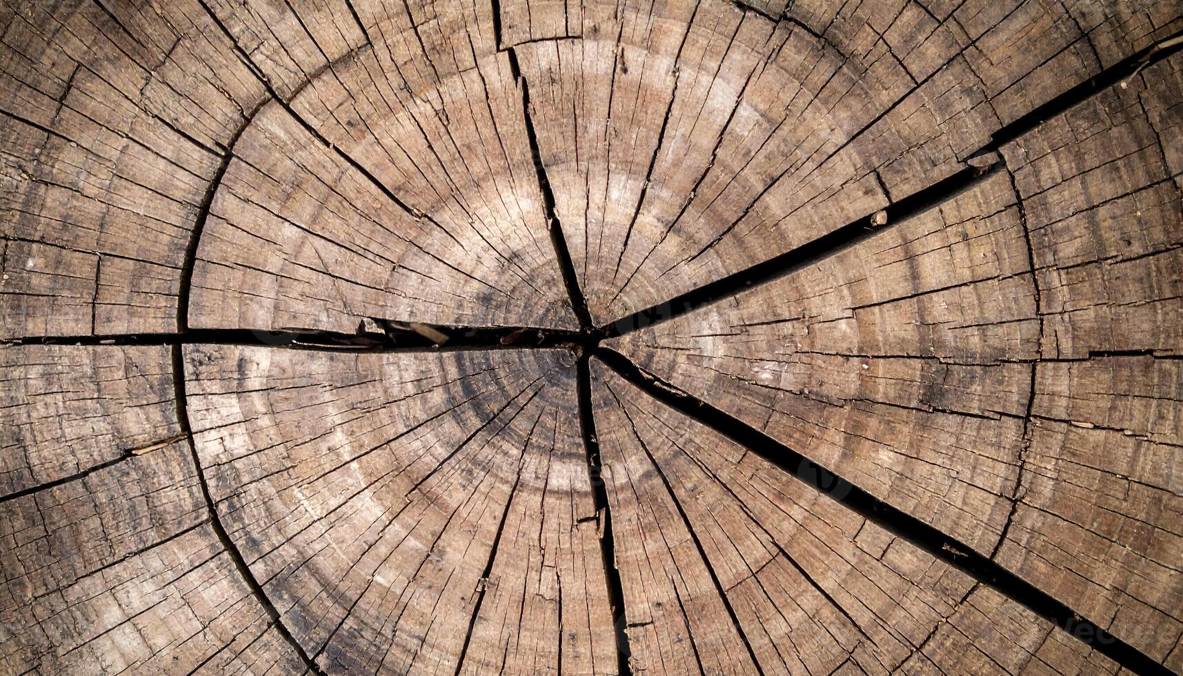 cracked tree stump top view with natural growth rings and dry wood texture pattern, concentric annual rings background for nature, aging or organic material concept photo