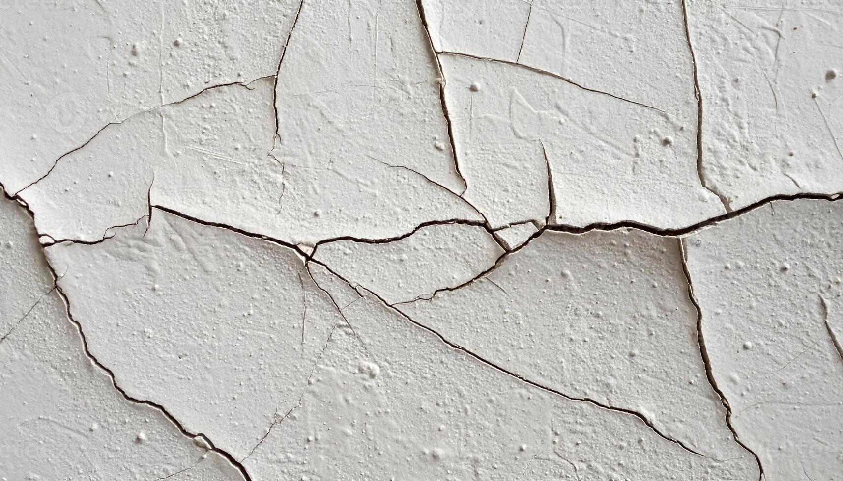 close-up of hairline cracks and peeling dry plaster wall texture with aged and deteriorated white surface background photo