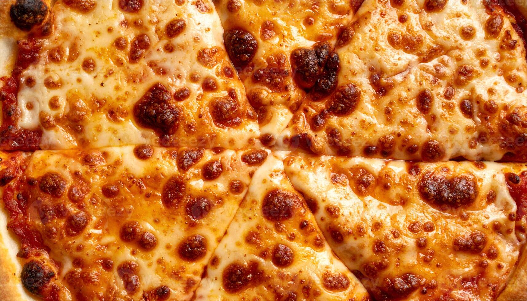 overhead view of sliced cheese pizza with bubbly melted mozzarella and golden brown blistered crust texture photo