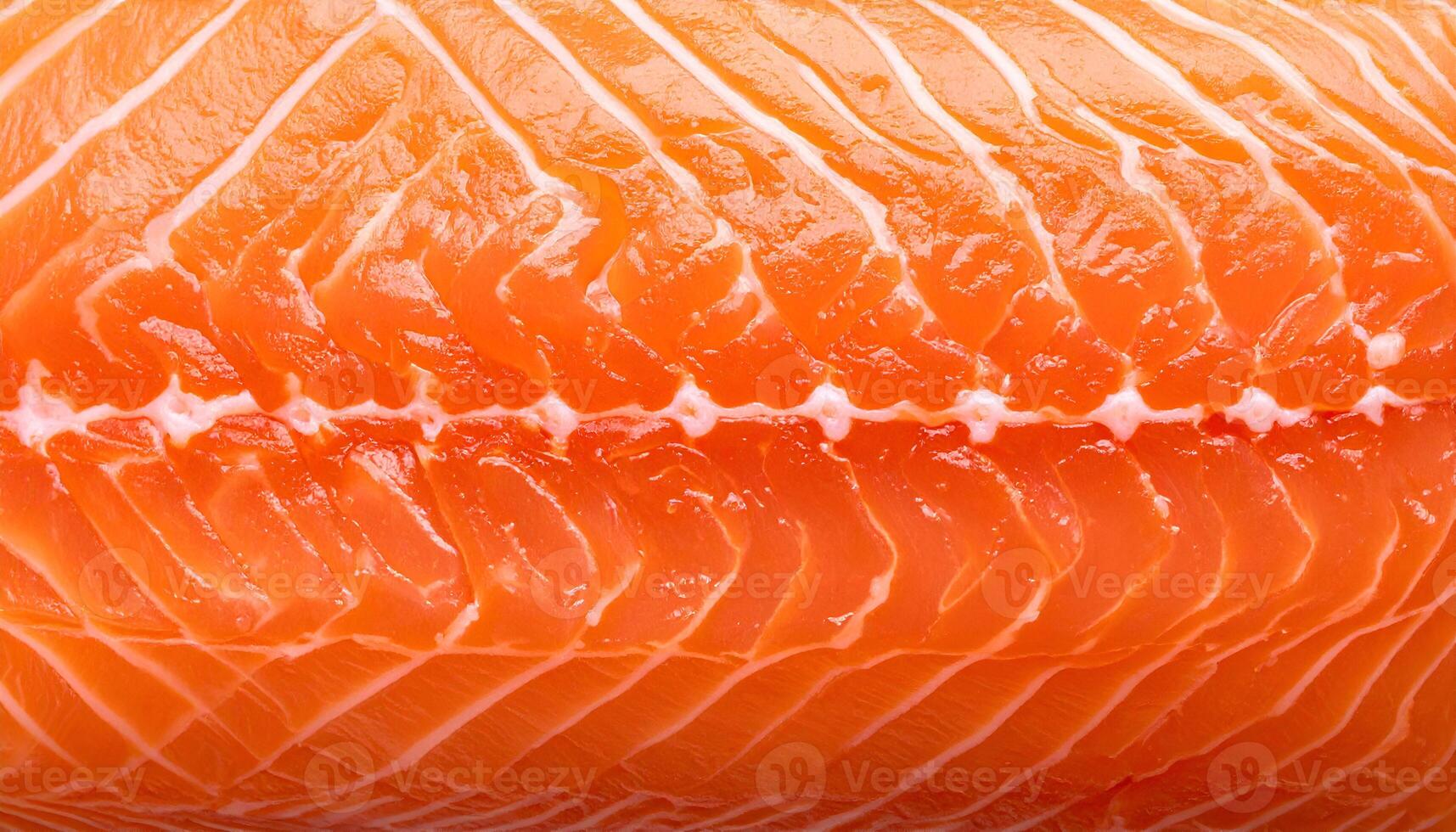 top view of raw salmon fillet close-up with visible fat marbling lines, fresh seafood texture for sushi and gourmet cooking photo