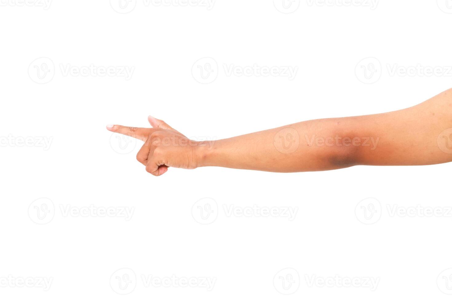 Hand gesture pointing to the left, isolated on white, depicting direction or choice, with empty space for creative compositions photo