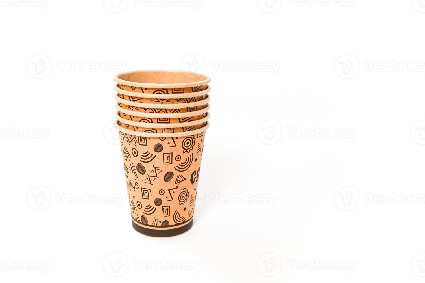 Stack of Stylish Disposable Coffee Cups Isolated on White Background for Branding photo