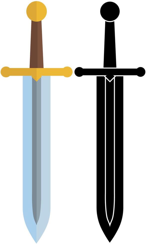 Medieval style sword flat design element, old adventure weapon in colour and silhouette vector