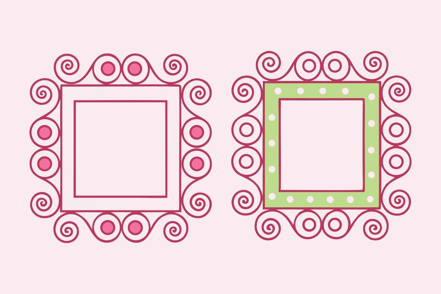 Two hand drawn frames pink green swirls dots vector