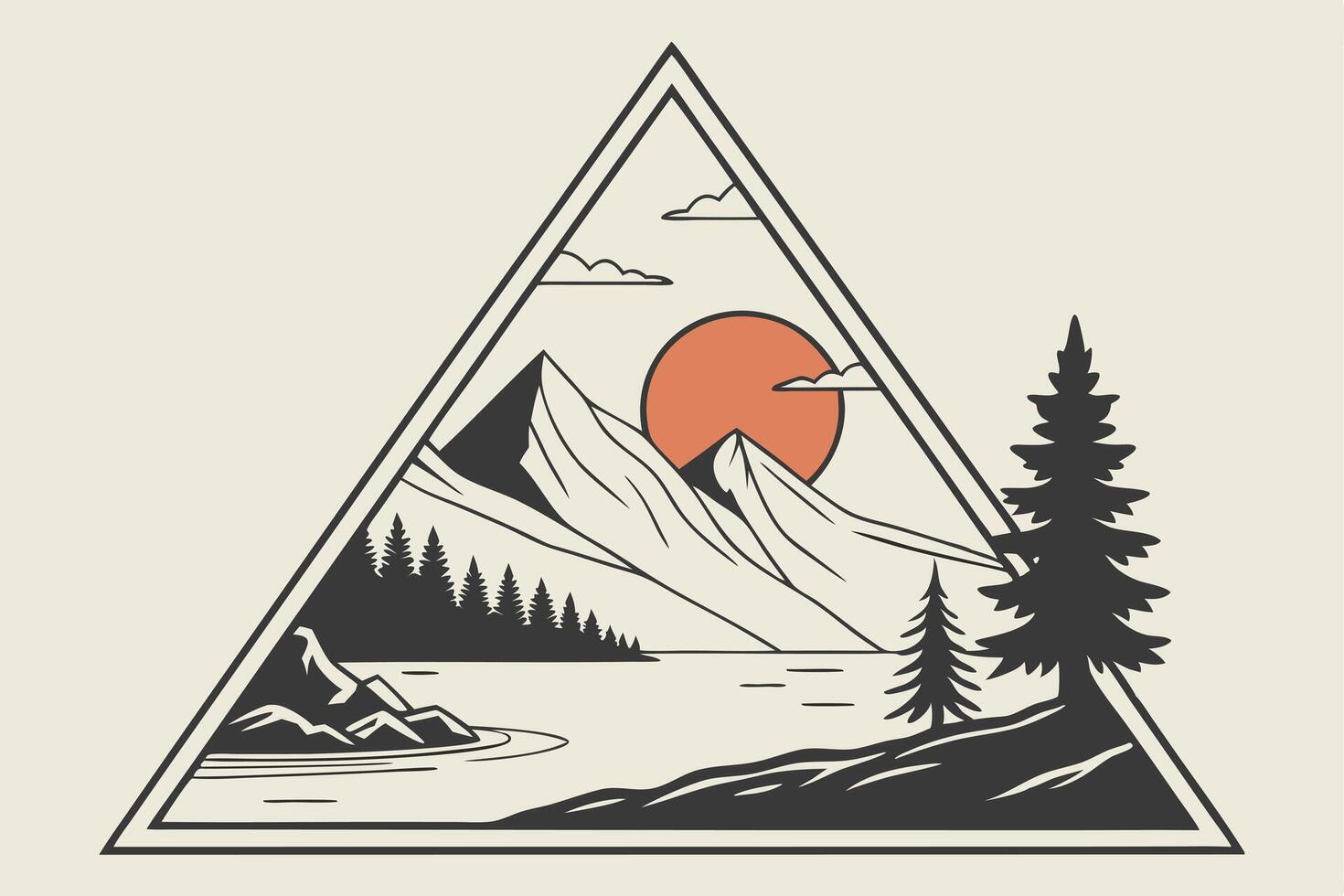 Mountain Sunset Landscape, with Frame, Line Art Design vector