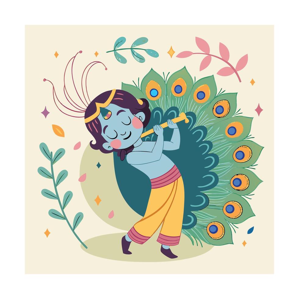 Adorable Krishna Flute Playing Peacock Feathers Festive Illustration vector