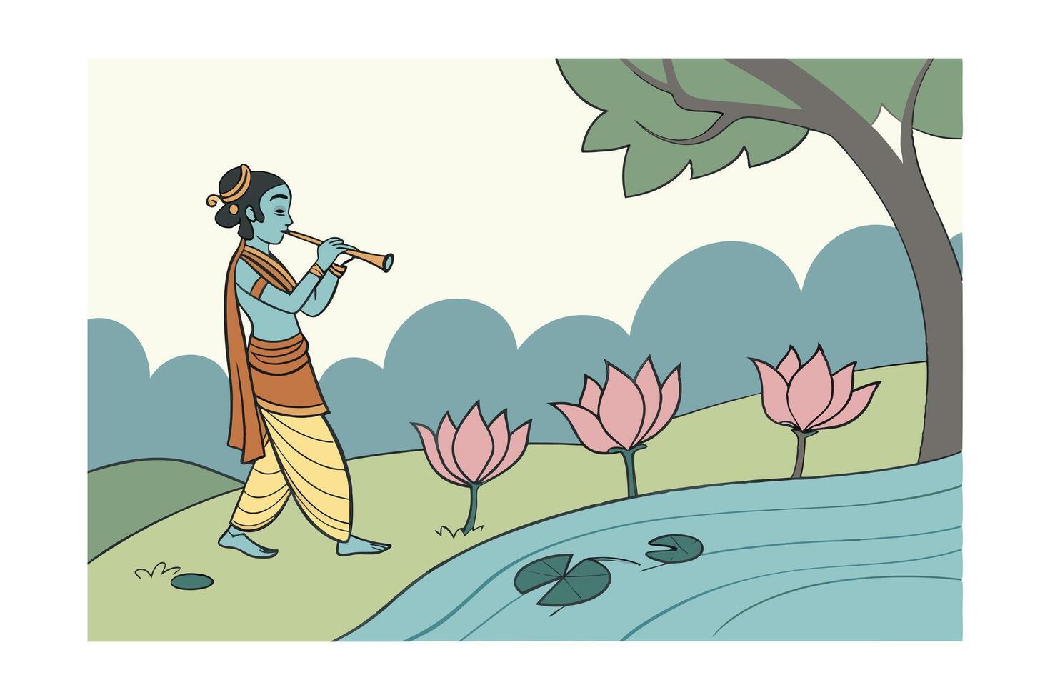Krishna Plays Flute by River, Pink Lotuses Bloom, Idyllic Scene vector