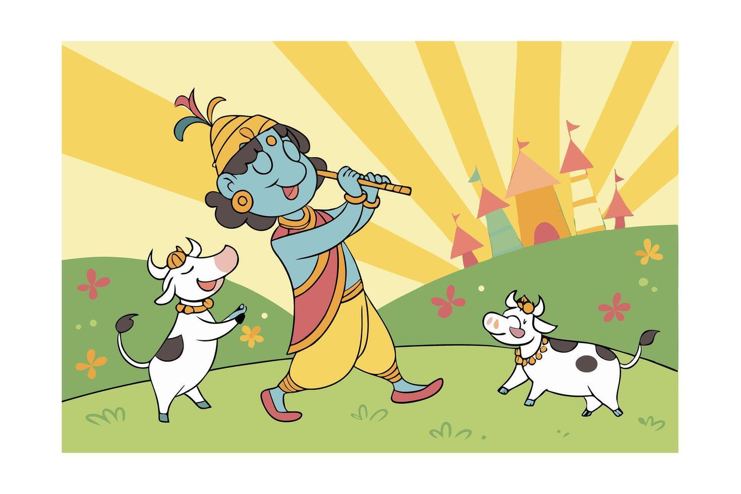 Krishna Plays Flute with Cows in Idyllic Pastoral Scene vector