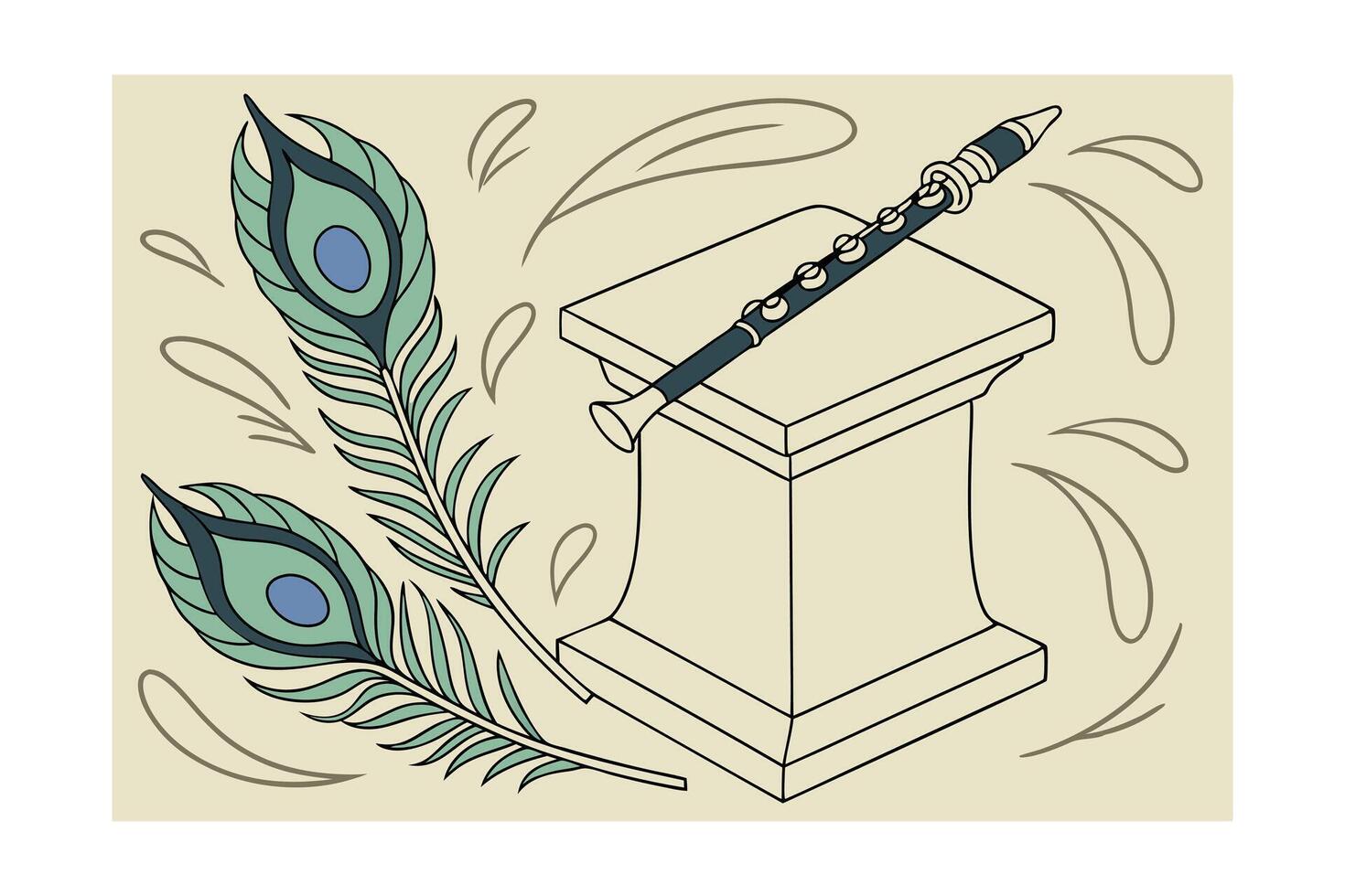 Elegant Peacock Feathers Flute Resting on Pedestal Base vector