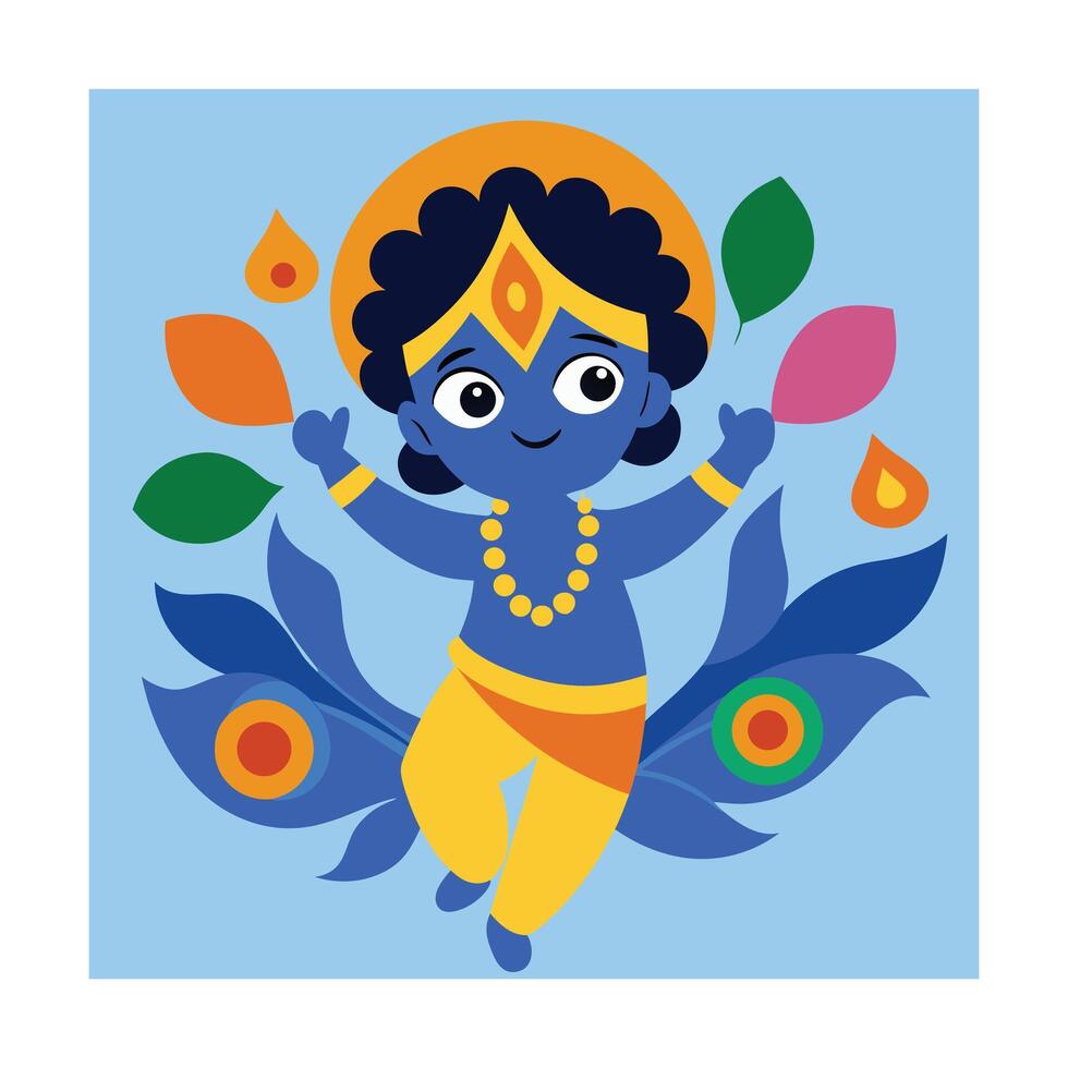 Adorable Cartoon Krishna Peacock Feather Festive Deity vector